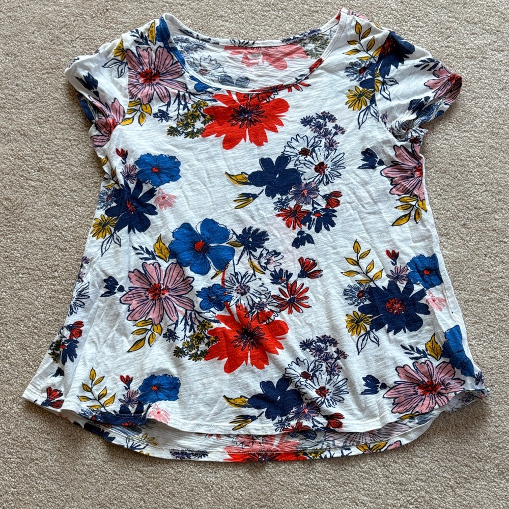 Old Navy White Short Sleeve Floral Tee with Red, Blue, Pink & Yellow Flowers